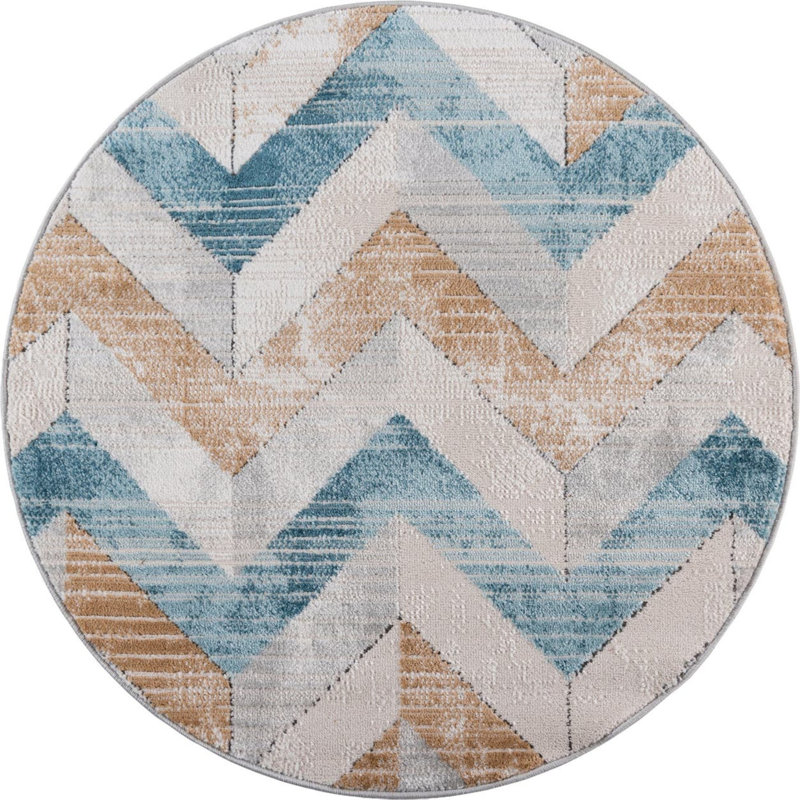  Tapis à chevrons beige / bleu, Rond 3 pi 3 po