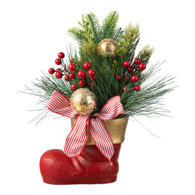 14"H Christmas Boot With Pine Needle & Berry Centerpiece