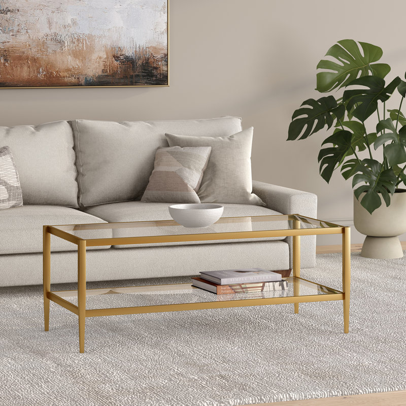 Hera Four Leg Coffee Table with Storage, 43.2 cm H x 114.3 cm W x 50.8 cm D, Antique Brass