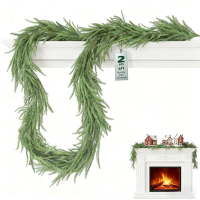 2Pcs 6FT Realistic Norfolk Pine Garlands Real Touch Winter Xmas Garland Artificial Holiday Faux Greenery For Indoor Outdoor Mantle Fireplace Table Decor