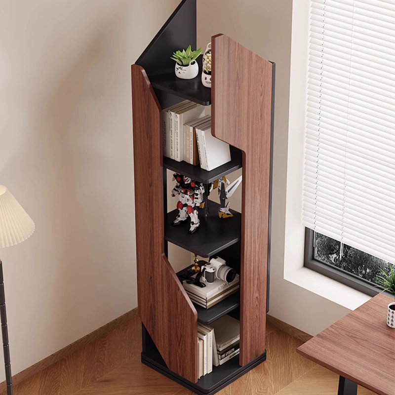Bibliothèque rotative en bois manufacturé noyer et noir moderne, (5 tablettes) H 59,06 po x l 15,75 po x P 15,75 po