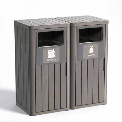 33.09"W Weather-Resistant Resin Trash Can(Light Brown/Gray)