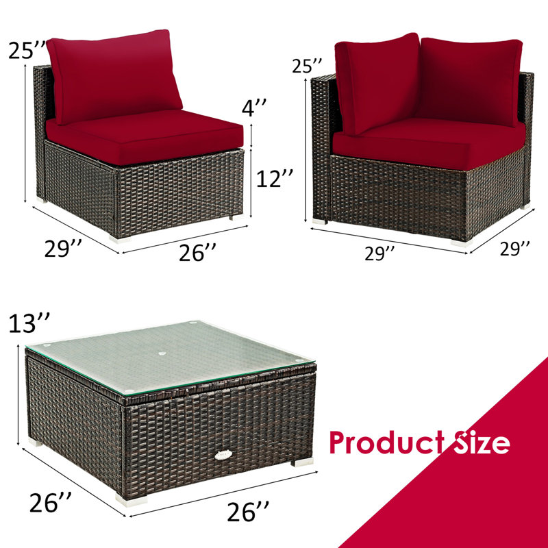 Rattan Sectional Seating Group with Cushions, Red