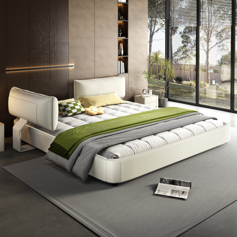 Lit très grand nuage avec tête de lit réglable et chenille moelleuse confortable, Beige