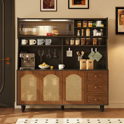 Retro Rattan Woven Panel Integrated Coffee Storage Sideboard