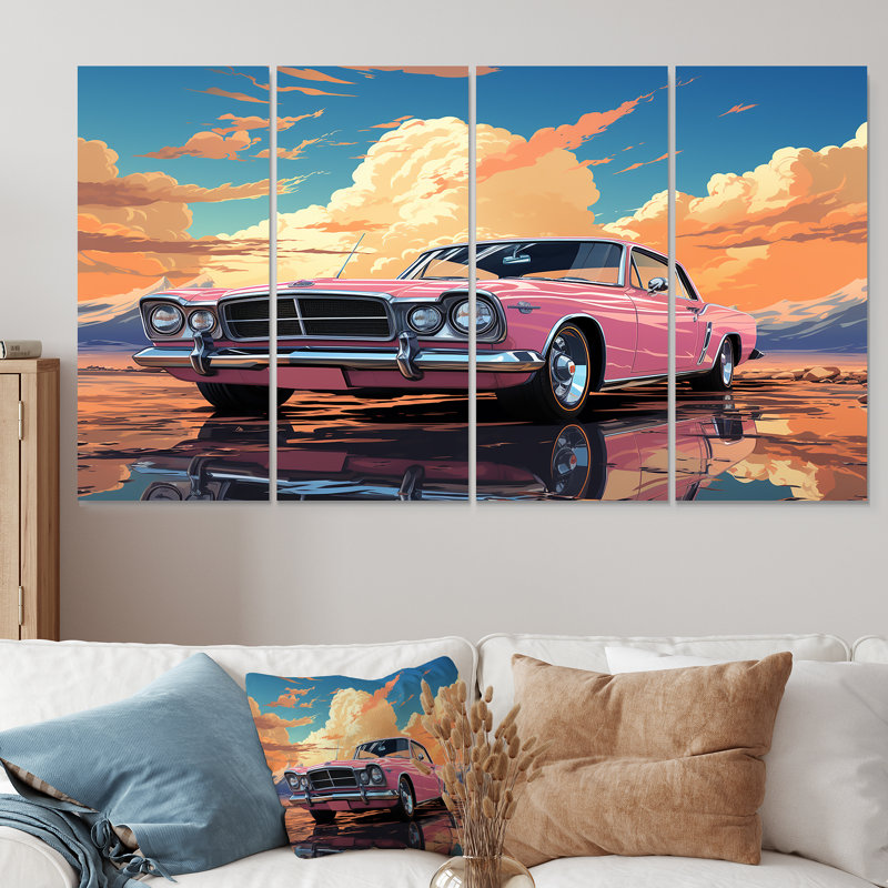 «Pink Cadillac Car At Sunset II - Car Muscle Car», ensemble d'art mural 4 pièces, H 28 po x l 48 po