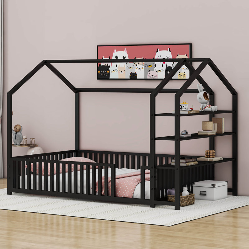 Metal House Bed With Detachable Shelves, Full