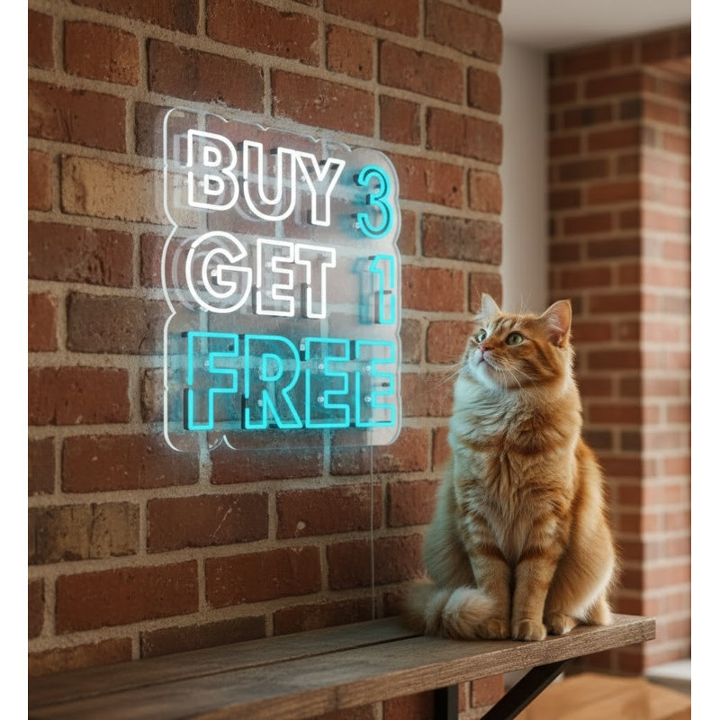  | Enseigne néon «Buy 3 Get 1 Free» | Comprend des tubes néon incassables durables qui émettent une lumière uniforme pendant plus de 50 000 heures sans scintillement ni gradation | 25 x 25 | Blanc et bleu