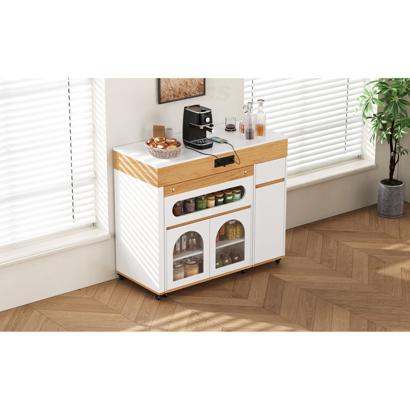 Extendable Dining Table With Extra-Long Folding Top, Rolling Kitchen Island With Drawers, Power Outlet And Brake Lock, Storage Cabinet For Kitchen And Dining Room (Natural + Creamy White), Kitchen Island