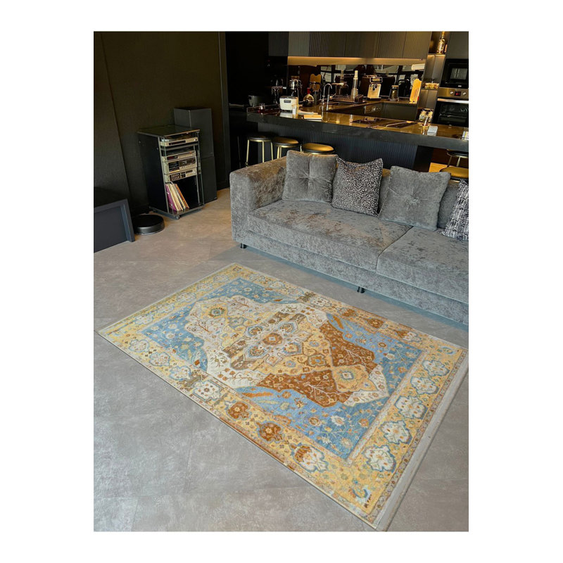 Tapis décoratif beige à motif traditionnel bleu lavable à la machine de la collection Barcelona