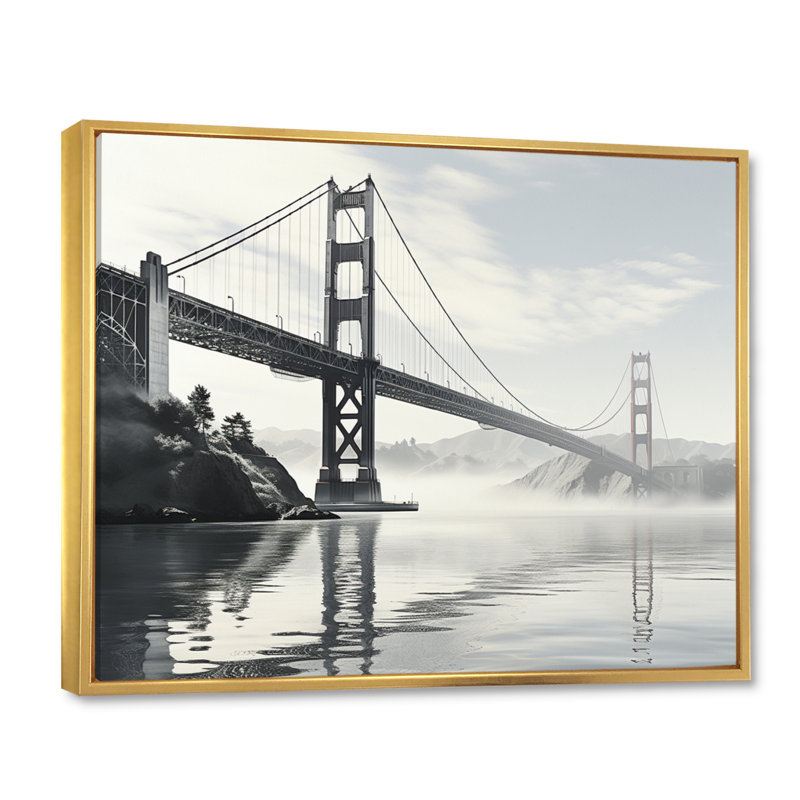 " Grey Bridge Golden Gate Monochrome ", 12" H x 20" W x 1" D, Gold Floater Framed