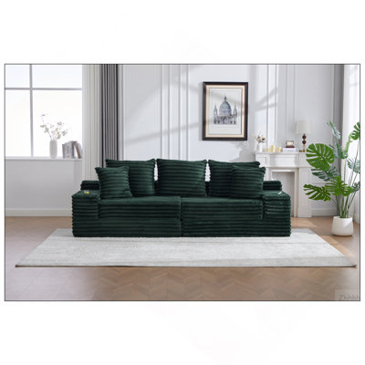 Oversized Boneless Four Seats Sofa with Cup Holder and Side Pockets, Upholstered Corduroy Sofa Bed Cloud Couch with 3 Pillows, 2 Lumbar Pillows.Living Room, Bedroom,No Assembly ,Breathable material