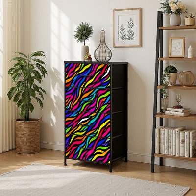 Petite commode à 4 tiroirs pour chambre à coucher multicolore vibrante à rayures zébrées et petite commode pour vêtements