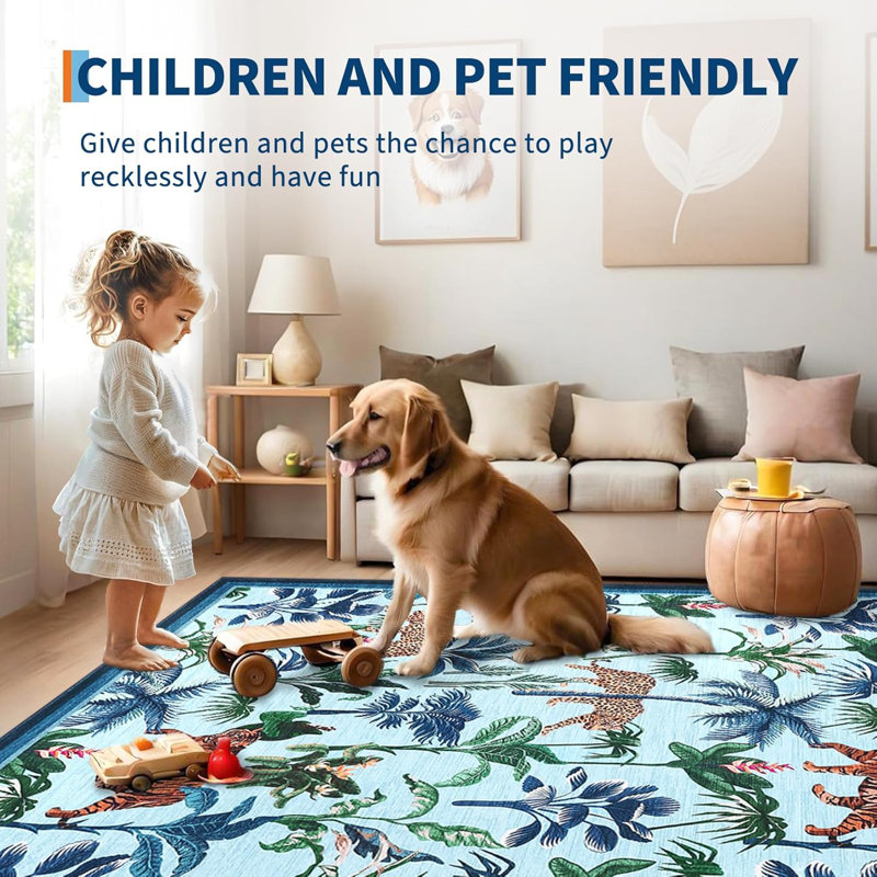 Washable Tiger Rug for Kitchen Non-Slip Non-Shedding Animal Floral Long Carpet, Low Pile Botanical Floor Covering, Foldable Black