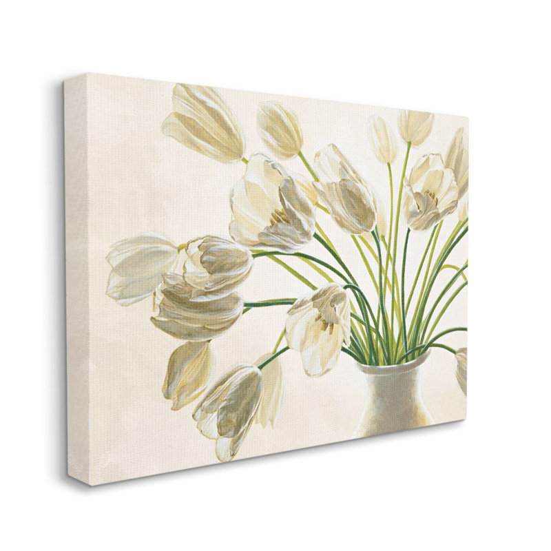 «Tranquil White Tulip Bouquet in Country Vase» par Eva Barberini - impression d'art graphique, H 30 po x l 40 po x 1,5 po