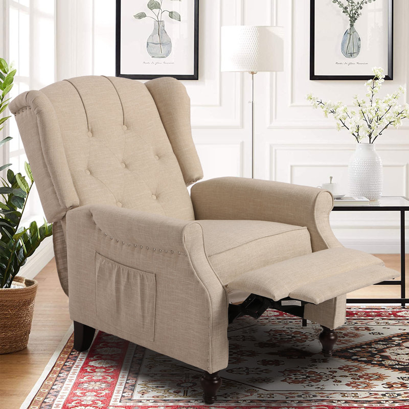 Joziah Wingback Pushback Recliner w/ Storage Pocket for Living Room, Cream Polyester Blend