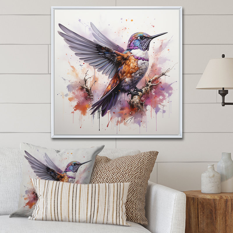 Mauve colibri mauve - Art mural colibri, Cadre flottant blanc, H 16 po x l 16 po
