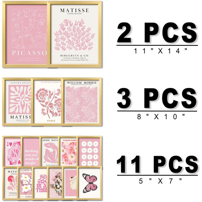 16 Pcs Framed Pink Wall Art