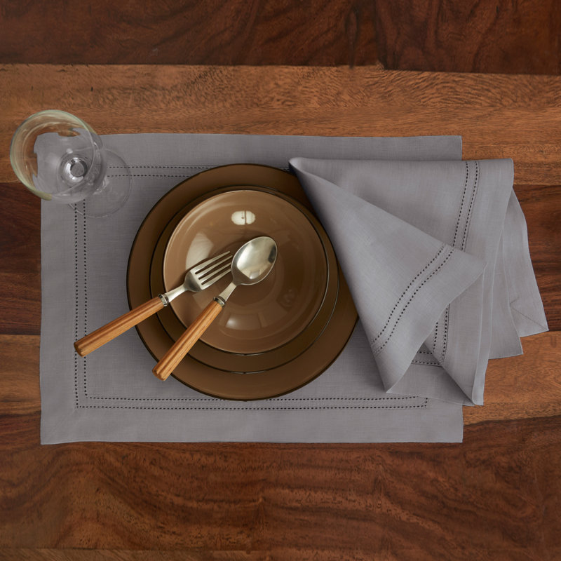 Double Hemstitch - 100% Pure Linen Placemats, Soft Grey