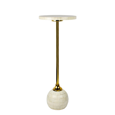 Evelyn Contemporary 26" Cream and Gold Round Drink Table, Geometric Resin Ball Base and Iron Candlestick Leg Accent End Table for Small Spaces
