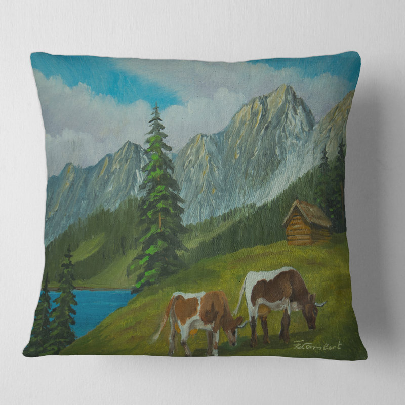 Paysage de montagne avec housse et insert de coussin carré Cows on a Meadow, 18" x 18"