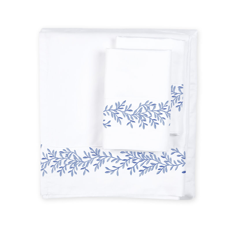 Ensemble de draps 100% satin de coton 600 fils Canberra, Ensemble de draps pour grand lit avec 2 taies d'or, Bleu
