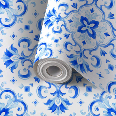 Peel and Stick Wallpaper Contact Paper Portuguese azulejo tile Blue white gorgeous seamless Hand painted Self Adhesive and Removable 24in x 118in(60x300cm)