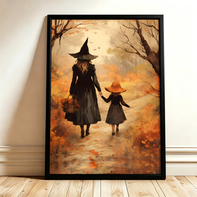 Sorcière et enfant d'Halloween se promenant dans les bois d'automne, tableau sur toile encadré, cadre doré, 50 x 75 cm