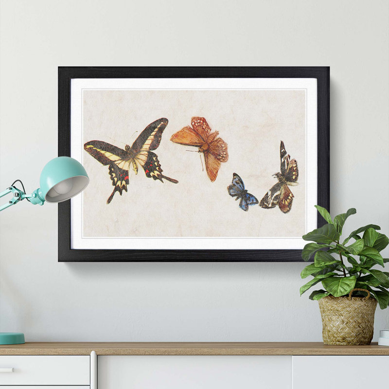 Four Butterflies by Fujishima Takeji - Framed Print, 36cm H x 48cm W x 2cm D, Black Framed