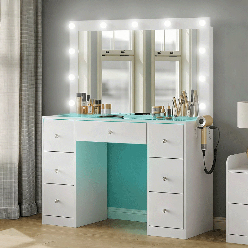 Bureau de coiffeuse à DEL avec miroir, table de maquillage avec prise de courant et 11 lumières, coiffeuse avec 7 tiroirs et tabouret rembourré pour chambre à coucher, vestiaire, blanc