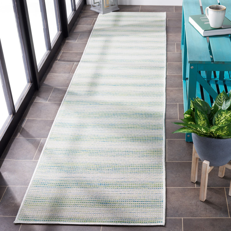 Tapis intérieur / extérieur blanc / vert Adreian, Tapis de couloir 2 pi x 9 pi