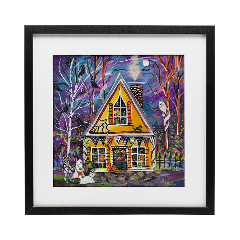 Reproduction sous verre d'Halloween Party House encadrée, conception par Estelle Grengs, H 13 po x l 13 po, Cadre noir minuit