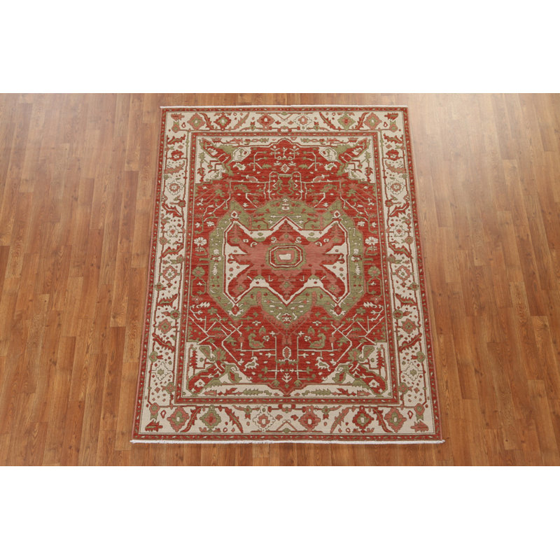 Tapis rouge en laine noué à la main de conception unique 5 pi x 6 pi 10 po New Age