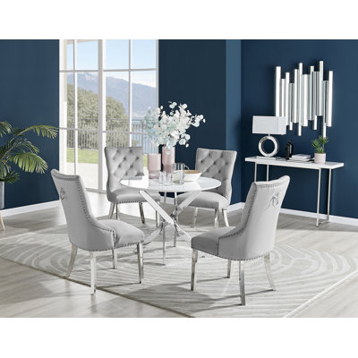 Novara White High Gloss Round Dining Table & 4 Grey Belgravia Chairs
