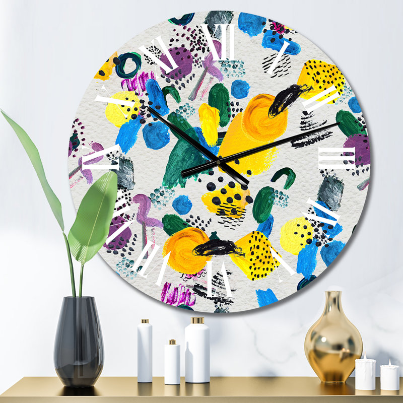 Jaune jaune, bleu et mauve chaos - horloge murale à motifs, Petit