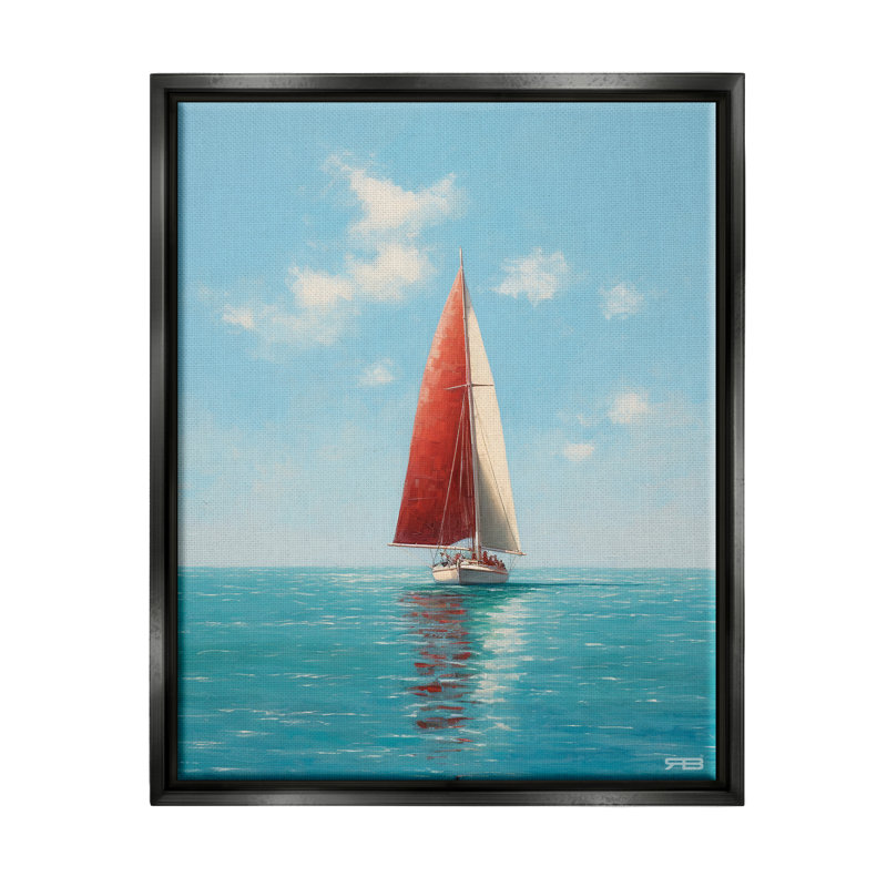 «Red Sailboat on Sea» par RB Floater, reproduction d'art sur toile, Cadre flottant noir de jais, H 20 po x l 16 po