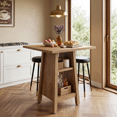 Kitchen Island with Storage, 3-Tier Square Counter Height Island Table, Farmhouse Small Coffee Bar Table for Kitchen, Dining Room, Living Room, Rustic Brown
