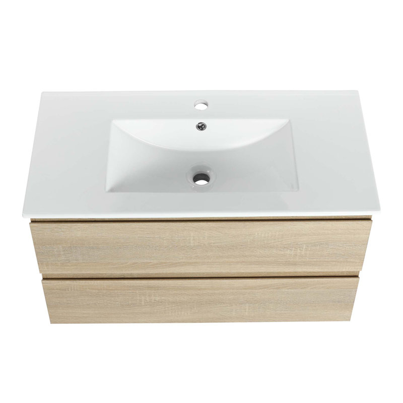 Meuble-lavabo mural avec lavabo en céramique, 2 tiroirs à fermeture en douceur, Chêne clair, 36", Blanc