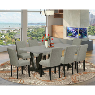 9-Pc Dinette Room Set – 8 Shitake kitchen chairs and a Cement Modern Kitchen Table - Wire Brushed Black Finish