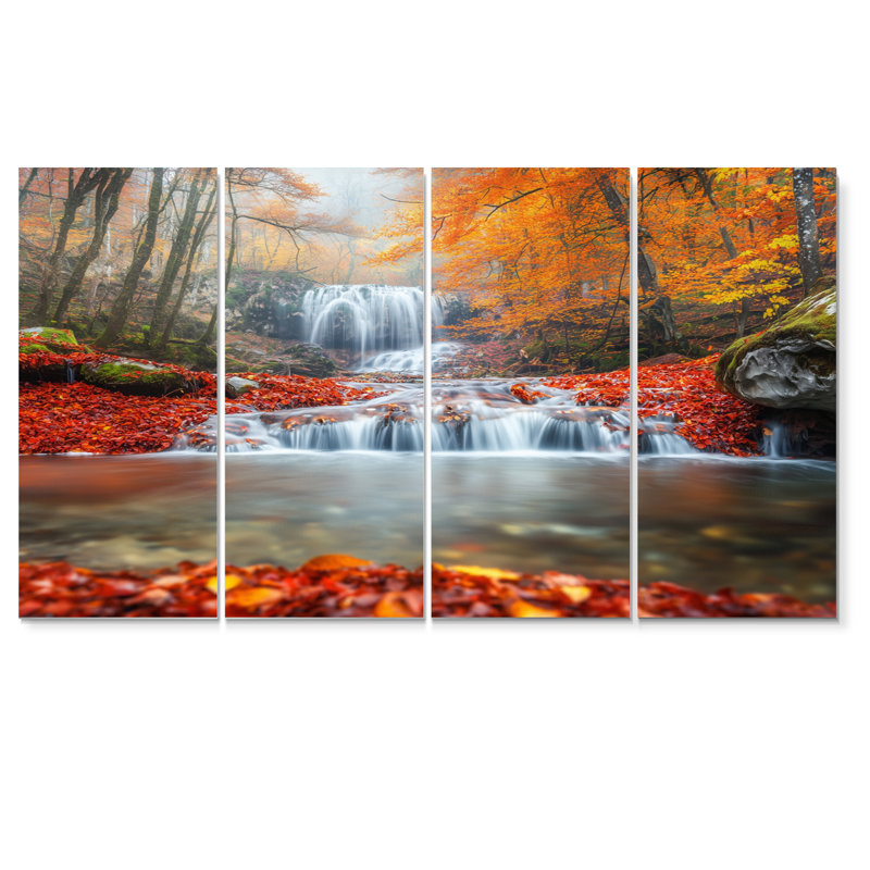 «Yellow Autumn Mountain Waterfall Long View - Waterfall Wall Art Living Room», ensemble, H 32 po x l 64 po