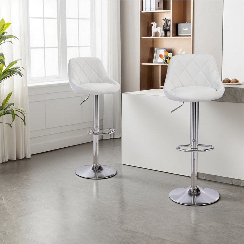 Set of 2 Barstools Mid-Back without Armrest Oval Seat Gas Lift Swivel Pub Bar Stools, WHITE