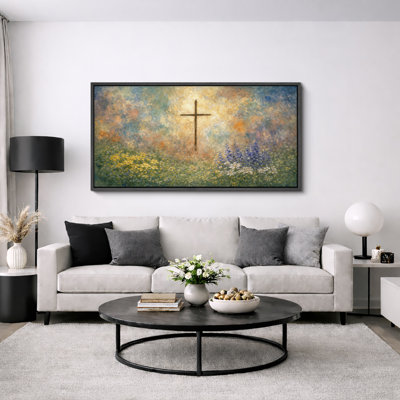 "Radiant Cross in Floral Meadow", pastel doux, paysage chrétien, décoration murale, très grandes images, impression sur toile encadrée