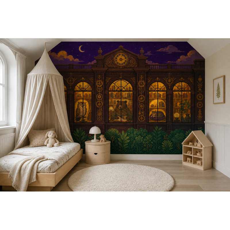 Mur de fenêtres avec bibliothèque de nuit, 140 po x 108 po, Texturé non collé