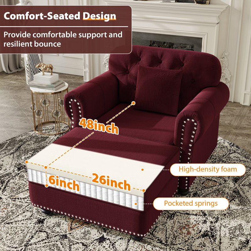 Fauteuil d'appoint Chesterfield avec repose-pieds 41,3 po Annalease, Rouge
