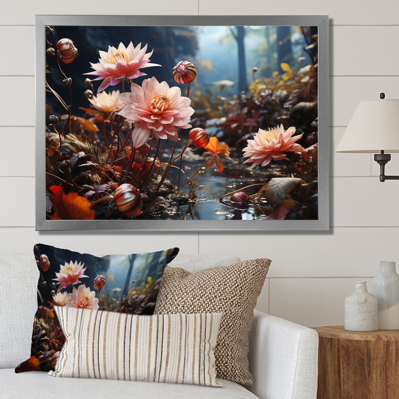 Corail et fleurs sauvages orange au bord de la rivière III, Cadre photo argenté, H 24 po x l 32 po x P 1 po