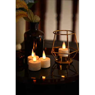 Rechargeable Flameless Tealights Candle with Remote Timer, 3D Moving Flame Real Wax Led Tealight Candles (Includes Remote Control, Charging Base, and USB Cable) (Glitter Ivory, 1.4in)