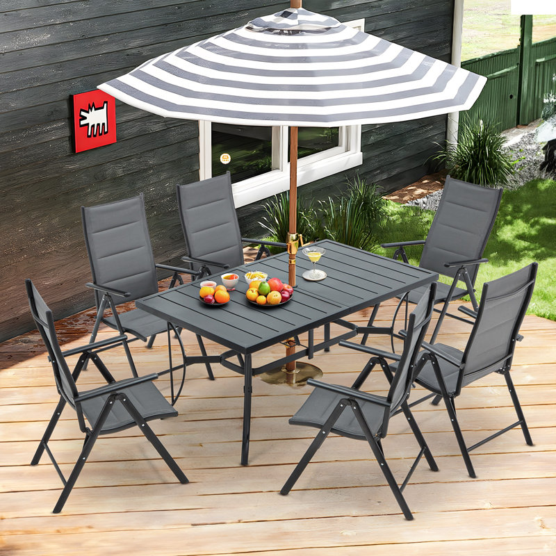 Square 7-Piece Patio Dining Table Set , Modern Patio Furniture Dining Table Set with Aluminum Foldable Dining Chairs and Metal Dining Table, Suitable for Lawn, Backyard, Garden, Patio, Dark Gray
