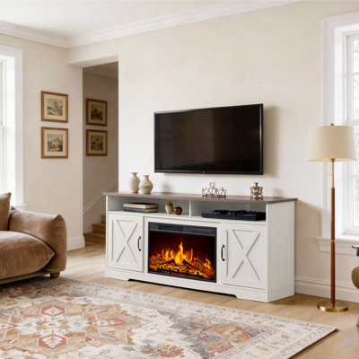 Chimira 63'' W TV Stand with Electric Fireplace Included, Rustic Oak & White 