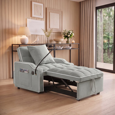 3-in-1 Sleeper Sofa Chair Bed, Adjustable Backrest Recliner with Phone Holder USB Type-C Ports and Side Pockets for Small Space Living Room Bedroom
