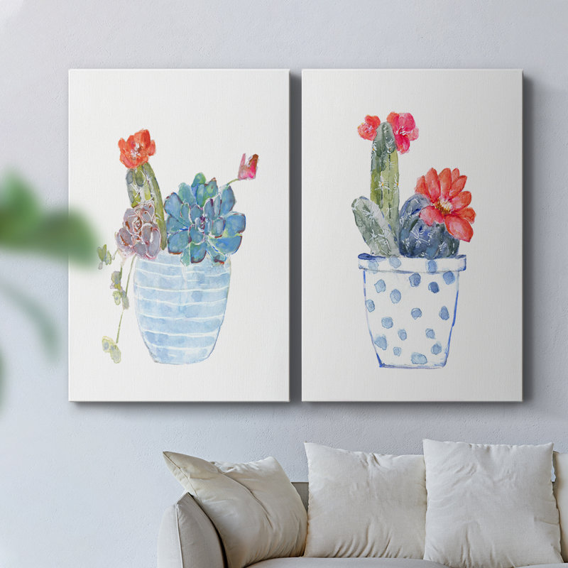 Cactus et fleurs succulentes I - Toile tendue avec châssis de qualité supérieure - Prêt à être accroché, H 60 po x l 80 po